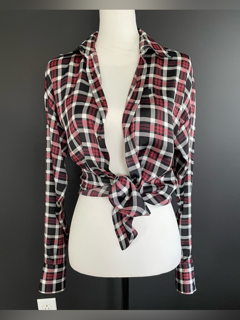 DSQUARED2 2021 Women’s Red, Black, White Plaid Silky Satin Button Down Top 38